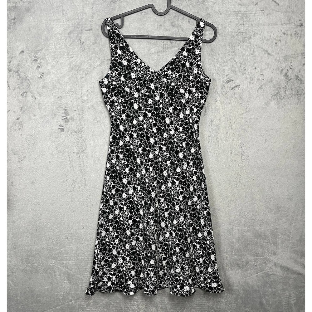 Vintage Y2K Black White Floral Mini Babydoll Dress XS Fit And Flare Retro Party